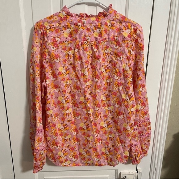 J. Crew Factory Floral Ruffleneck Shirt Long Sleeve Blouse Pink Orange Medium P2 - Picture 4 of 5